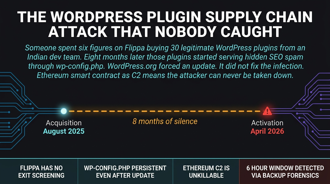Someone bought 30 legitimate WordPress plugins, waited eight months, then turned them into a malware operation. Millions of sites were affected. The a